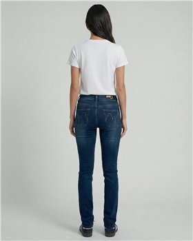 MET Jeans slim fit denim azul con detalle joyas