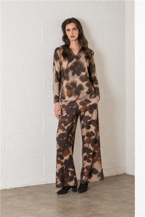 Scusi Pantalón amplio estampado difuminado flor marrón