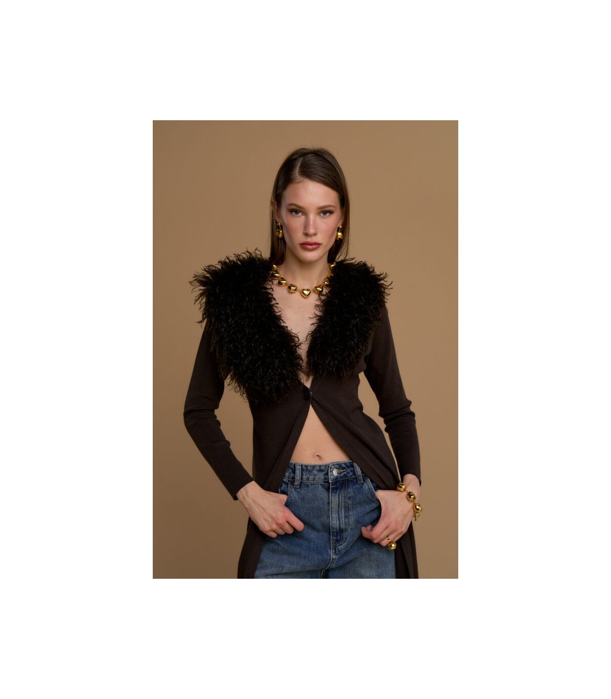 Nosecrets Maxi cárdigan con cuello de pelo