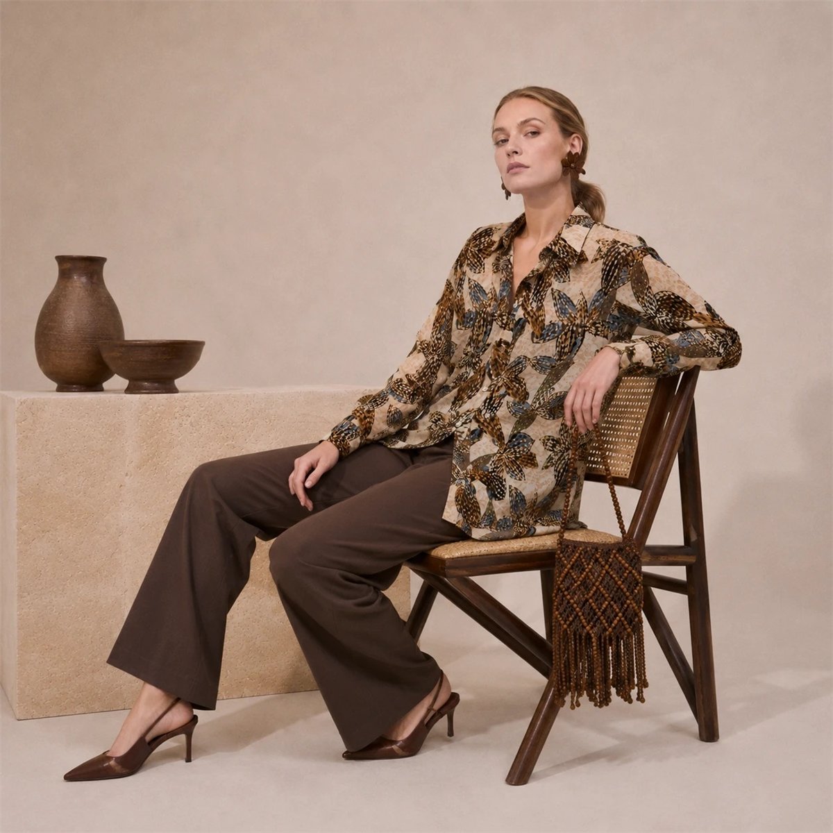 Parole Sobre camisa cacao estampado flor .
