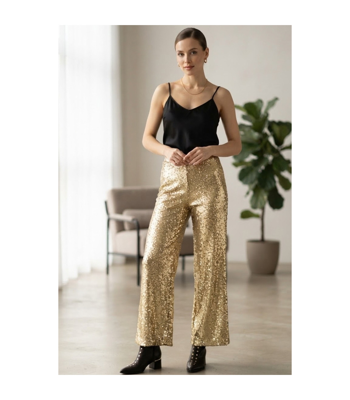 ATEV Pantalón microlentejuelas doradas