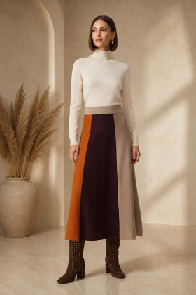 WNT Falda midi de punto rayas naranja-choco