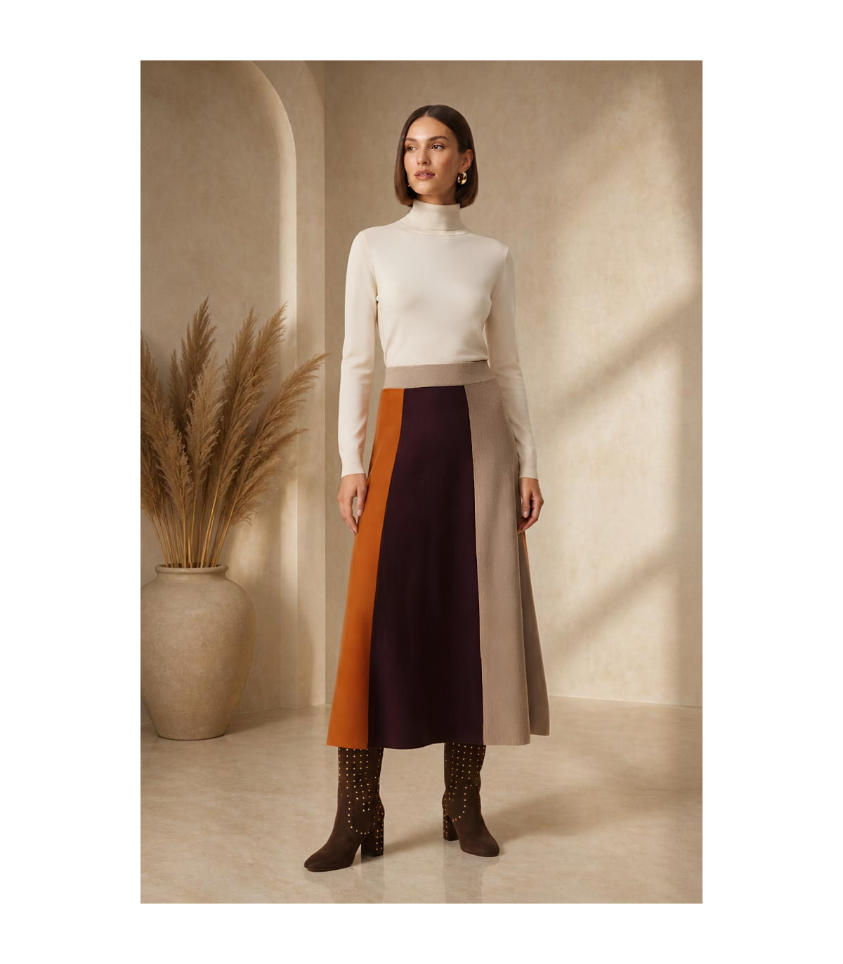 WNT Falda midi de punto rayas naranja-choco