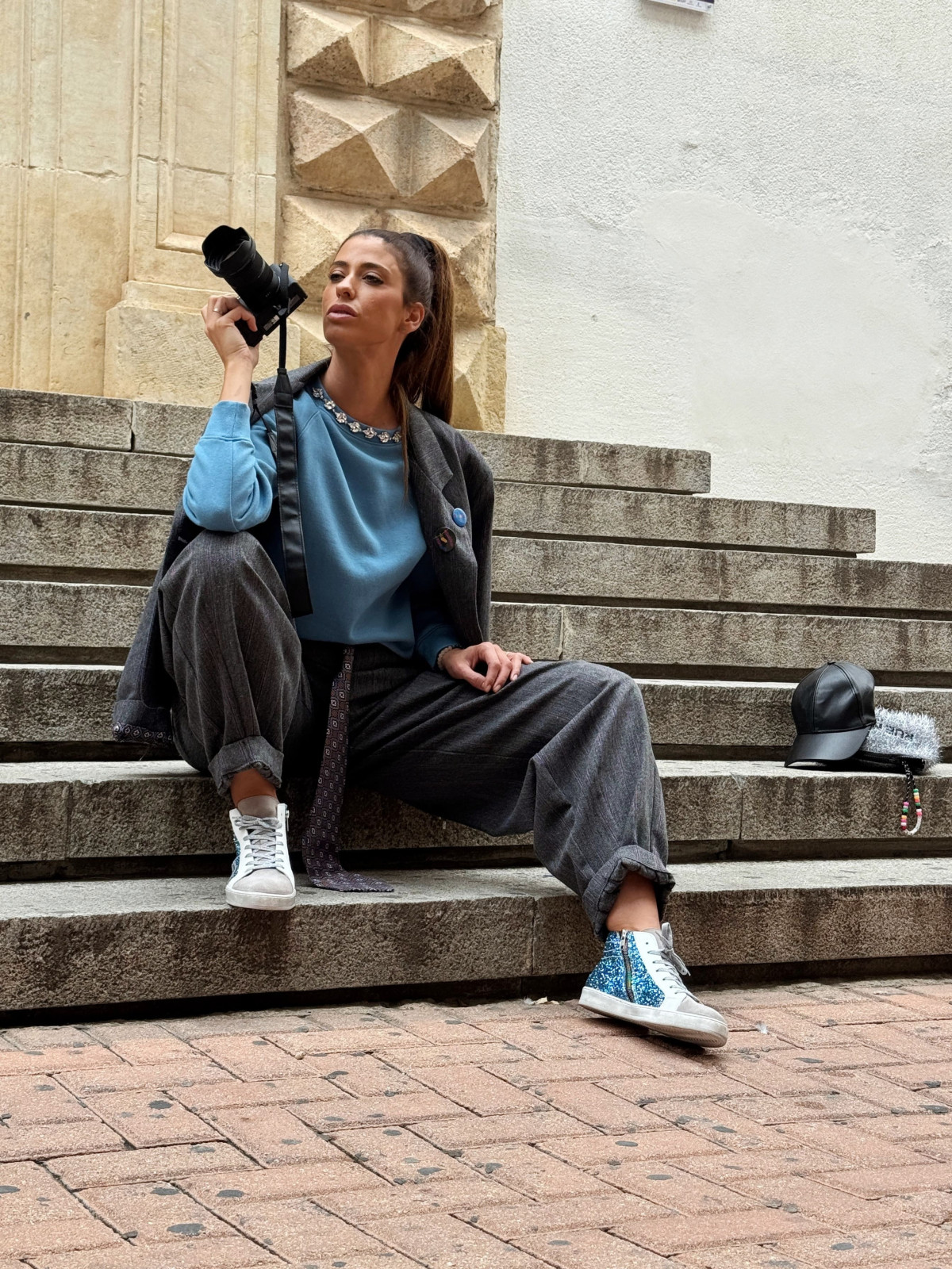 Vosso Moda Sneakers altas afelpada con detalle glitter azul