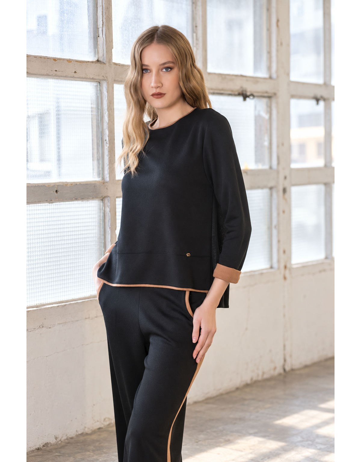 Scusi Jersey de punto ligero ribetes camel