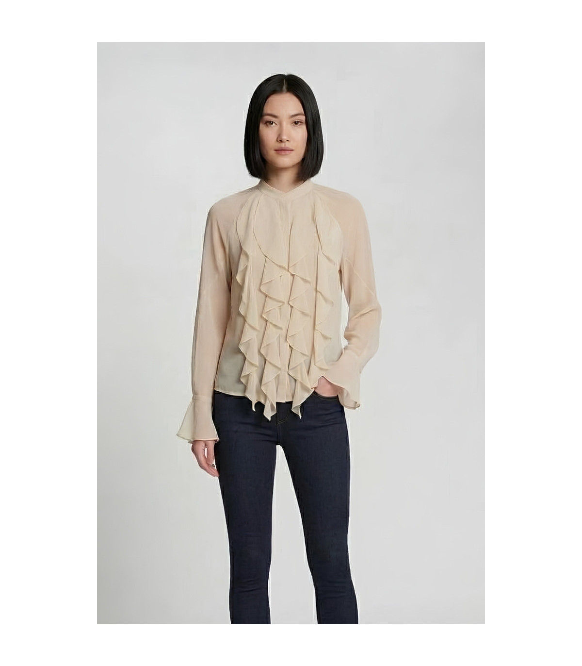 Dixie Blusa de viscosa color crema con volantes