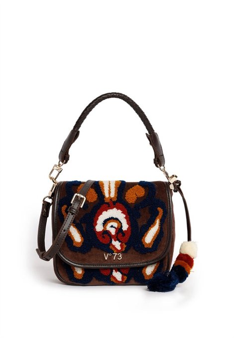 V73 Bolso pequeño de piel y ante, decorado con felpilla