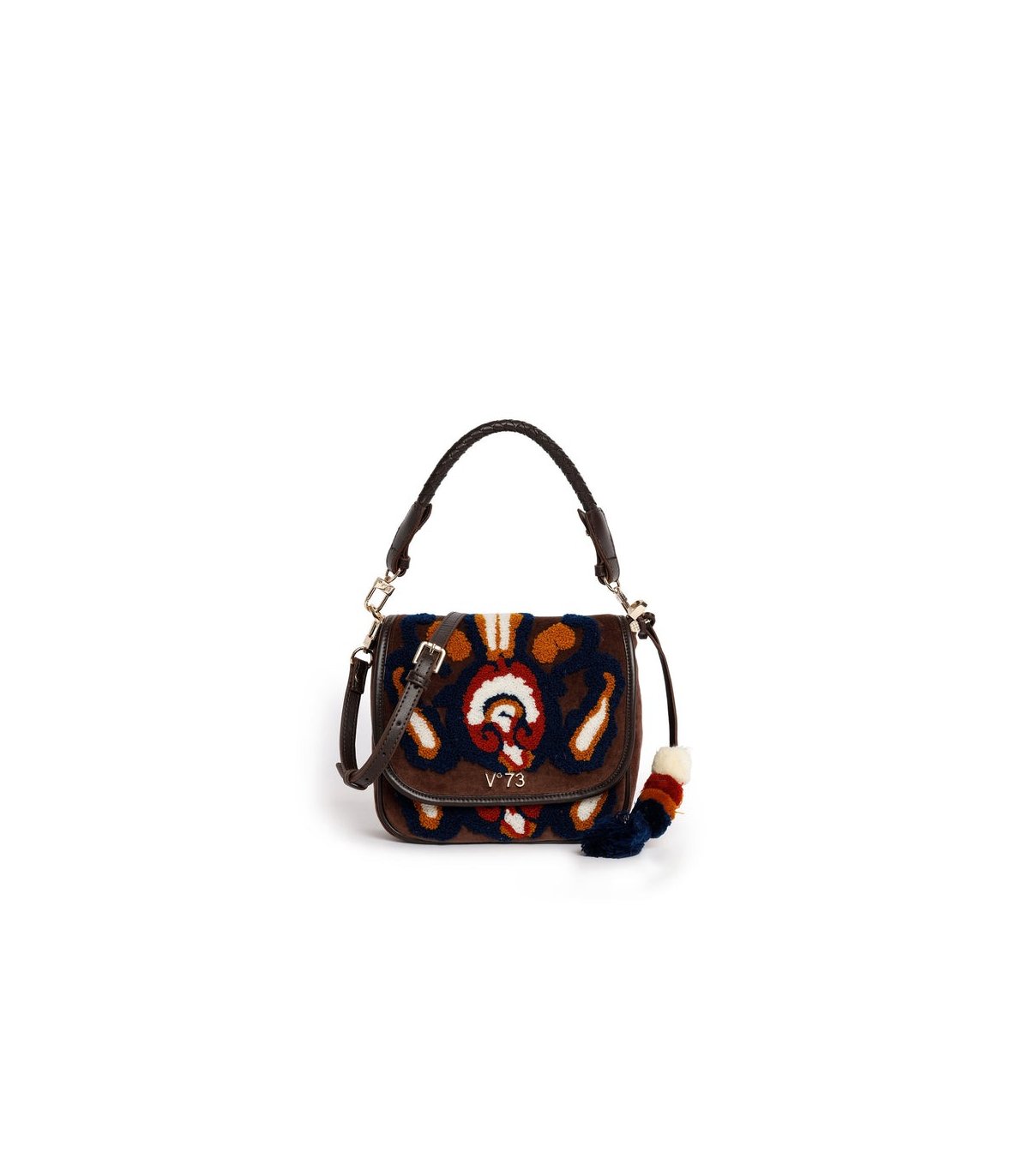 V73 Bolso pequeño de piel y ante, decorado con felpilla