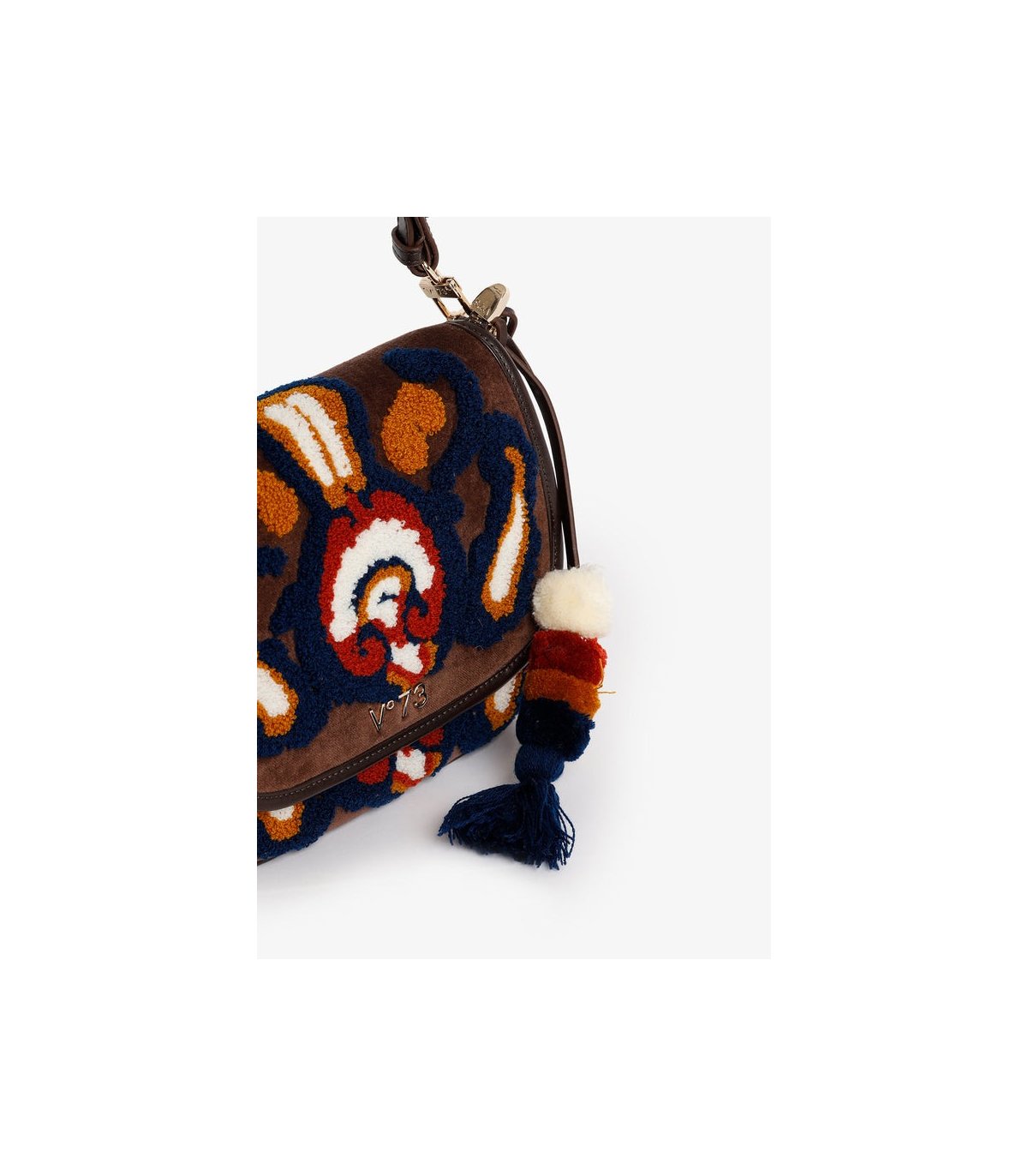 V73 Bolso pequeño de piel y ante, decorado con felpilla