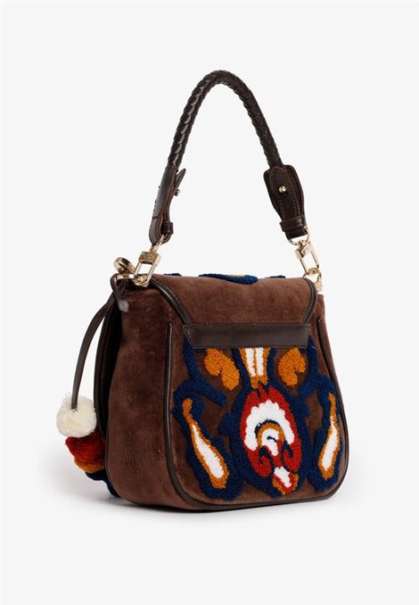 V73 Bolso pequeño de piel y ante, decorado con felpilla