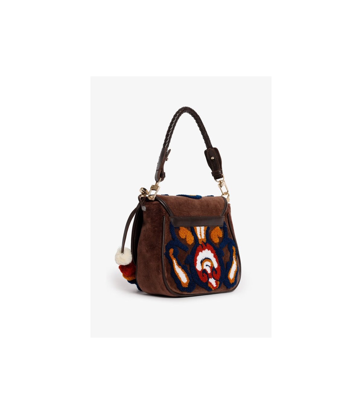 V73 Bolso pequeño de piel y ante, decorado con felpilla