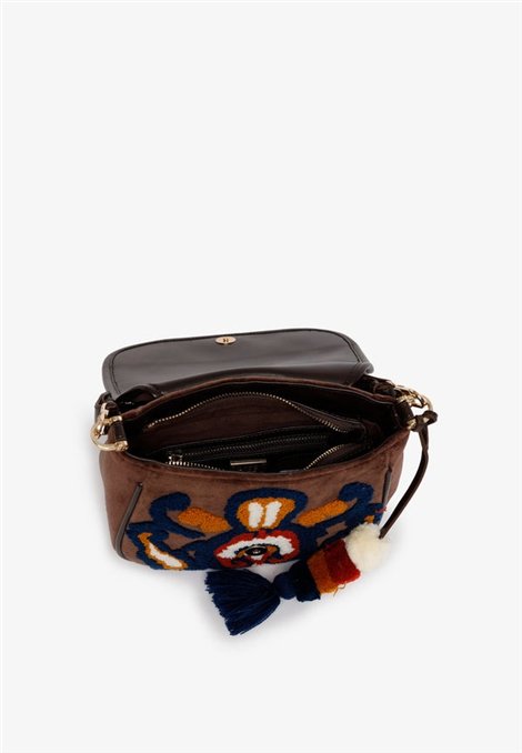 V73 Bolso pequeño de piel y ante, decorado con felpilla