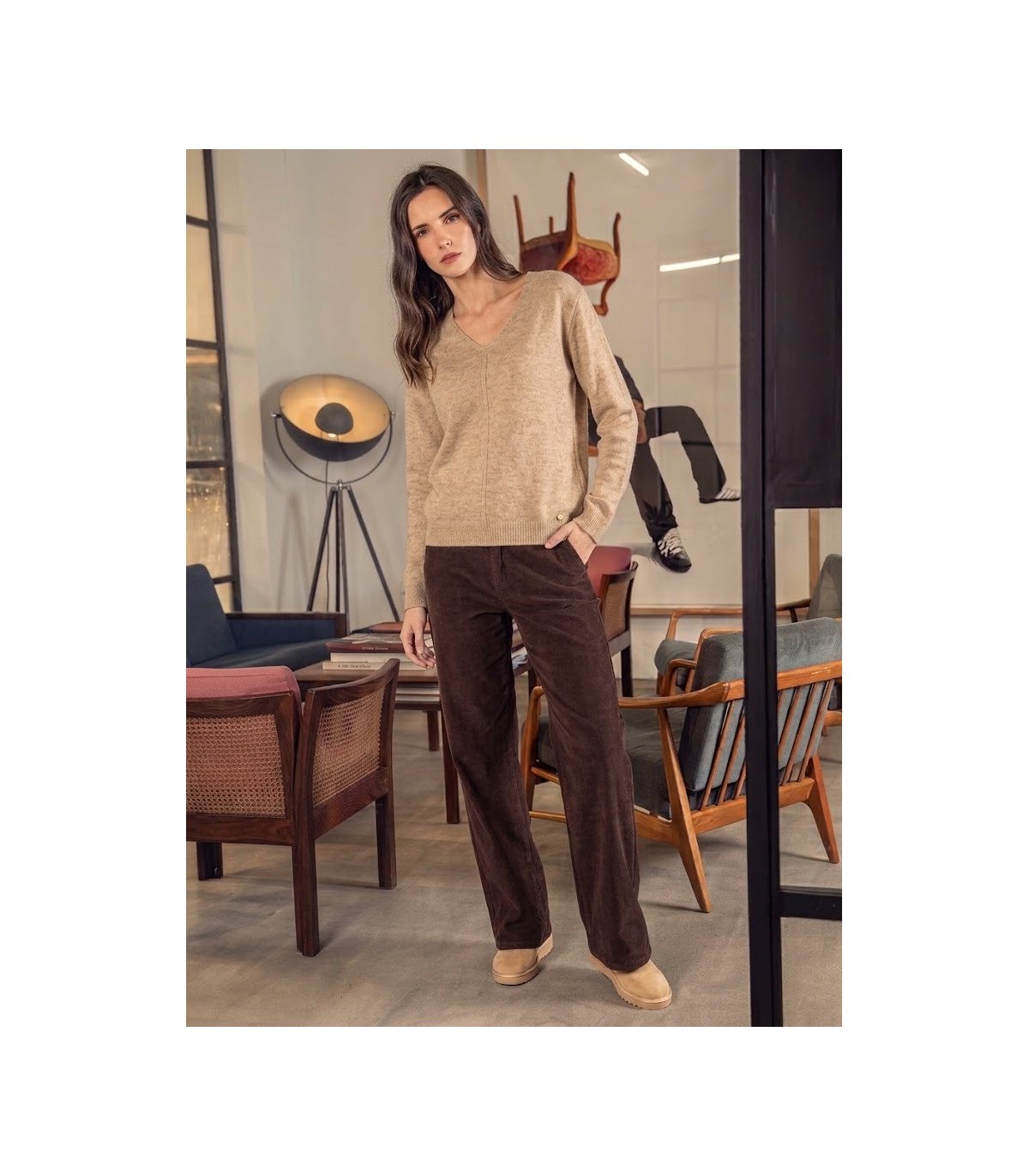 Scusi Jersey de punto cuello V color beige