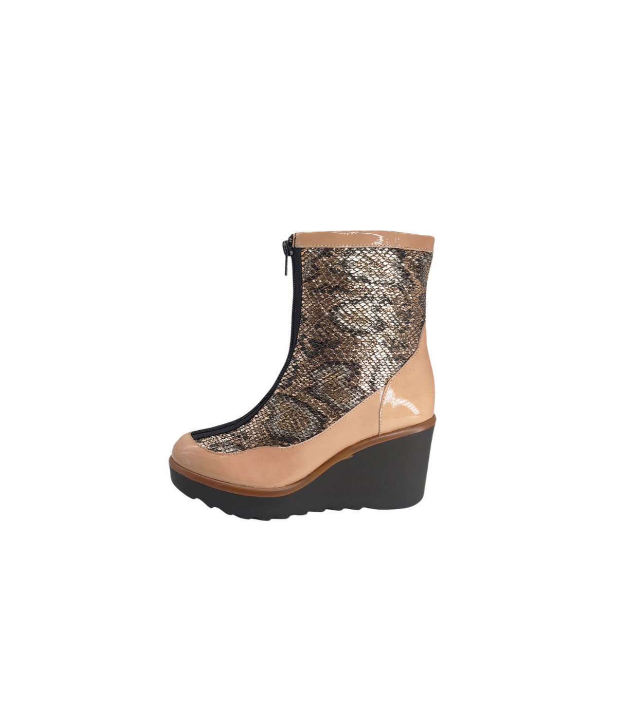 Vosso Moda Botín cuña piel camel escamas metalizadas