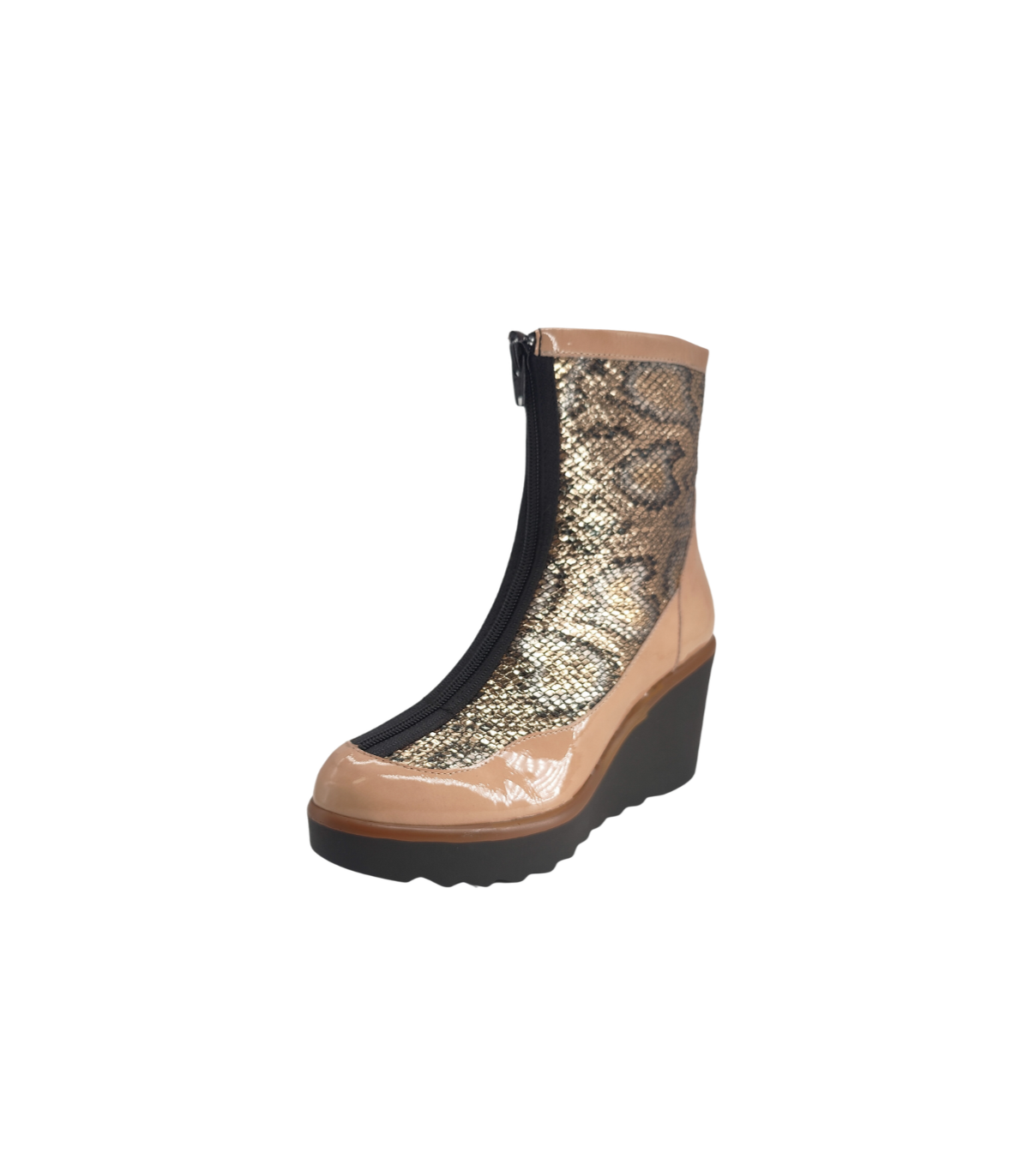 Vosso Moda Botín cuña piel camel escamas metalizadas