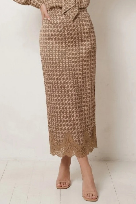 Dixie Falda midi beige de estampado retro con encaje