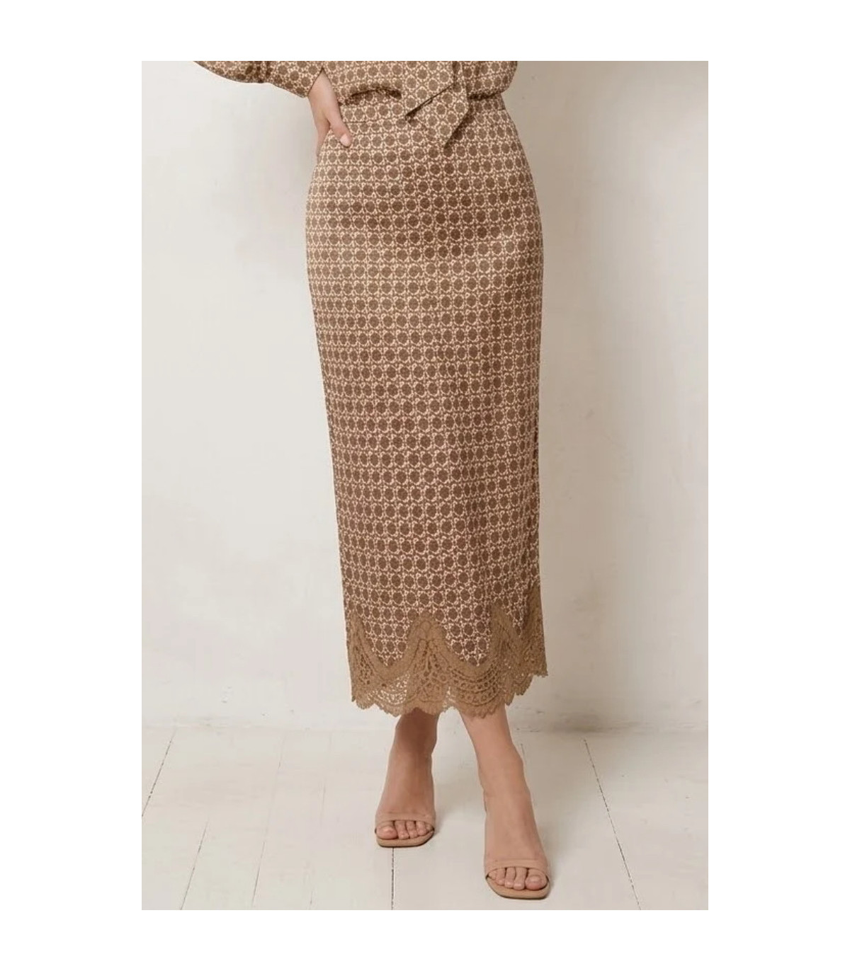 Dixie Falda midi beige de estampado retro con encaje